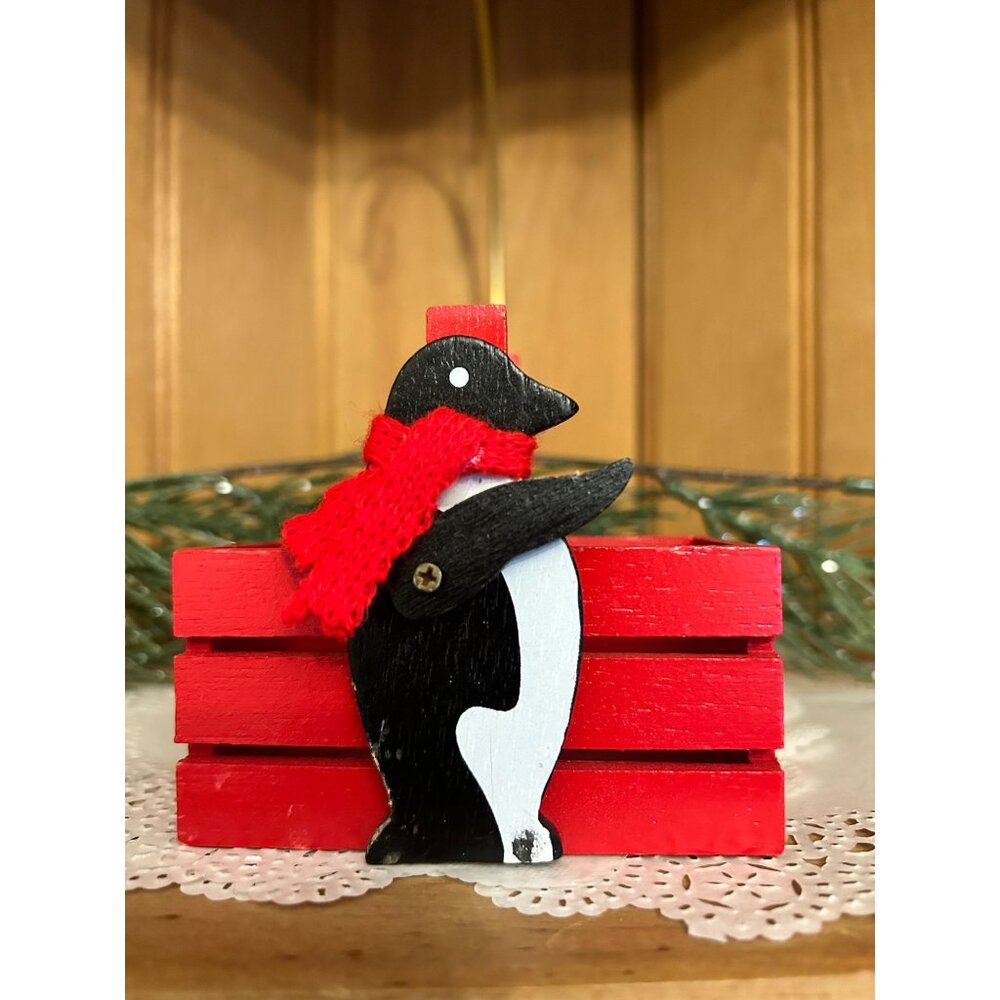Vintage Vera Neumann Wooden Penguin Red Basket Crate Candy Holder Home Decor